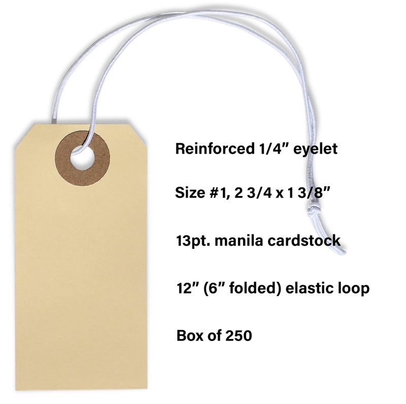 EZDOM Manila Tags with Elastic String - #1, 2 3/4    x 1 3/8   , Box of 250 Paper Tags with String Attached and Reinforced Hole, Labels with String Elastic Loop, - Image 3